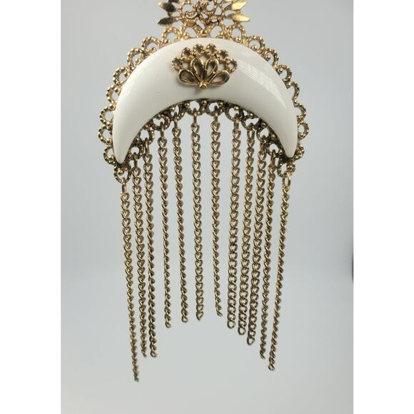 Vintage Ornate Sun and White Enamel Crescent Moon W/Chain Tassels Pendant – Rare - Picture 4 of 7